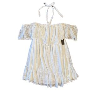 Eloquii Off-Shoulder Halter Dress with textured Polka Dots